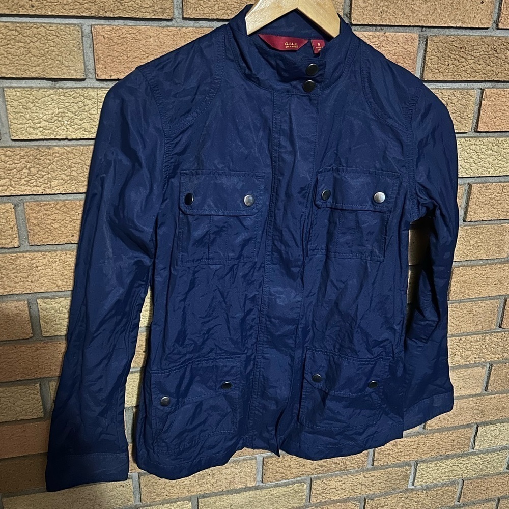 G.I.L.I Lightweight Navy Blue Zip Button Up Nylon Shimmer Jacket Women’s Size 0